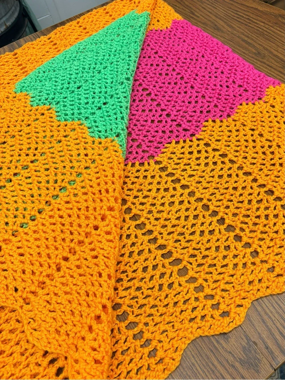 Handmade Colorblock Crochet Throw in Y2K Orange, Pink & Green